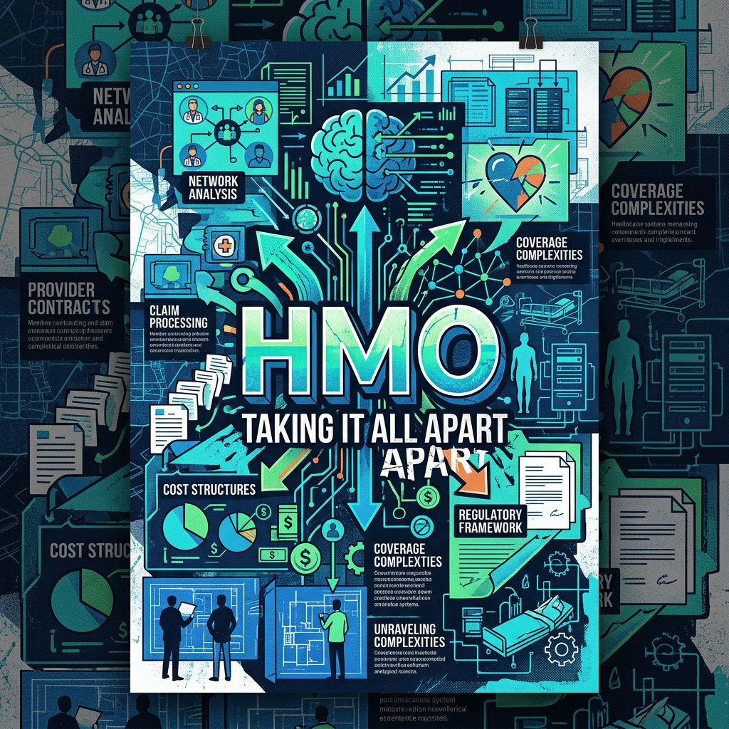 Infographic illustrating HMO healthcare system components including network analysis, claim processing, cost structures, coverage complexities, and regulatory framework.